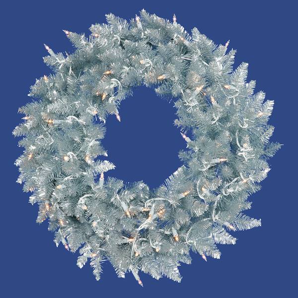 24" Artificial Silver Wreath 50 Clear Lights